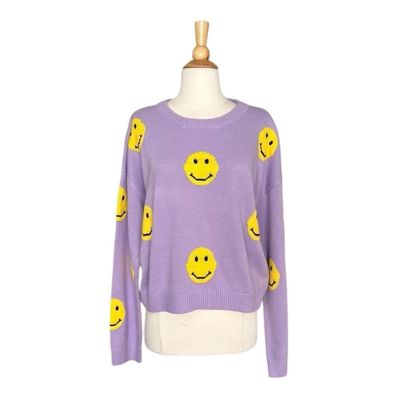 GREY LAB Smiley Face Pullover Sweater Novelty Retro 70s Lavender Size XL - Picture 16 of 16